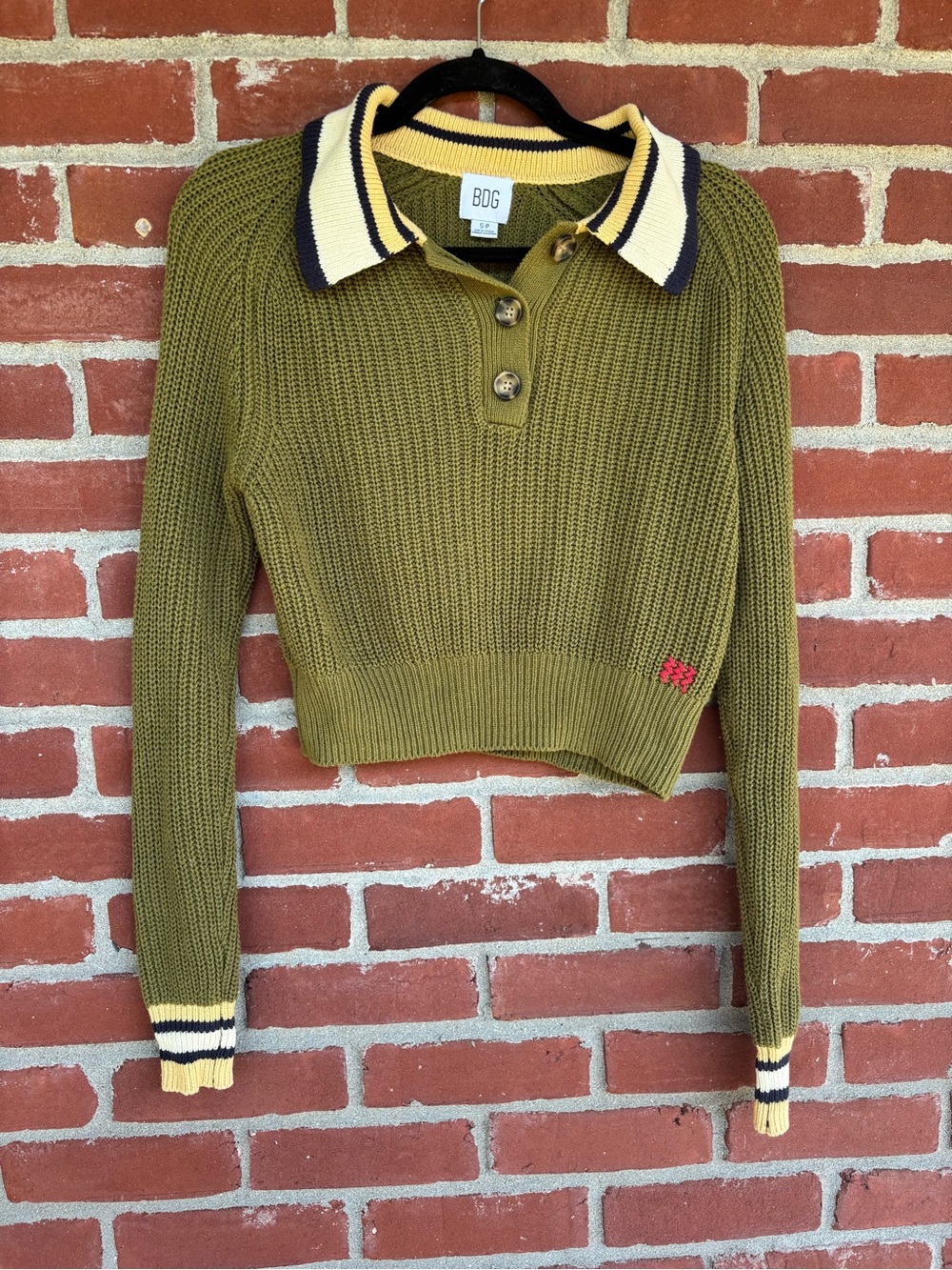BDG Olive Green Cropped Knit Polo with Striped Collar
